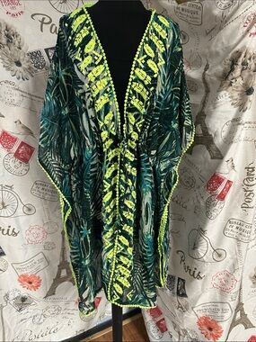 Tropical Leaf Neon-Trim Swim Coverup - Green/Yellow